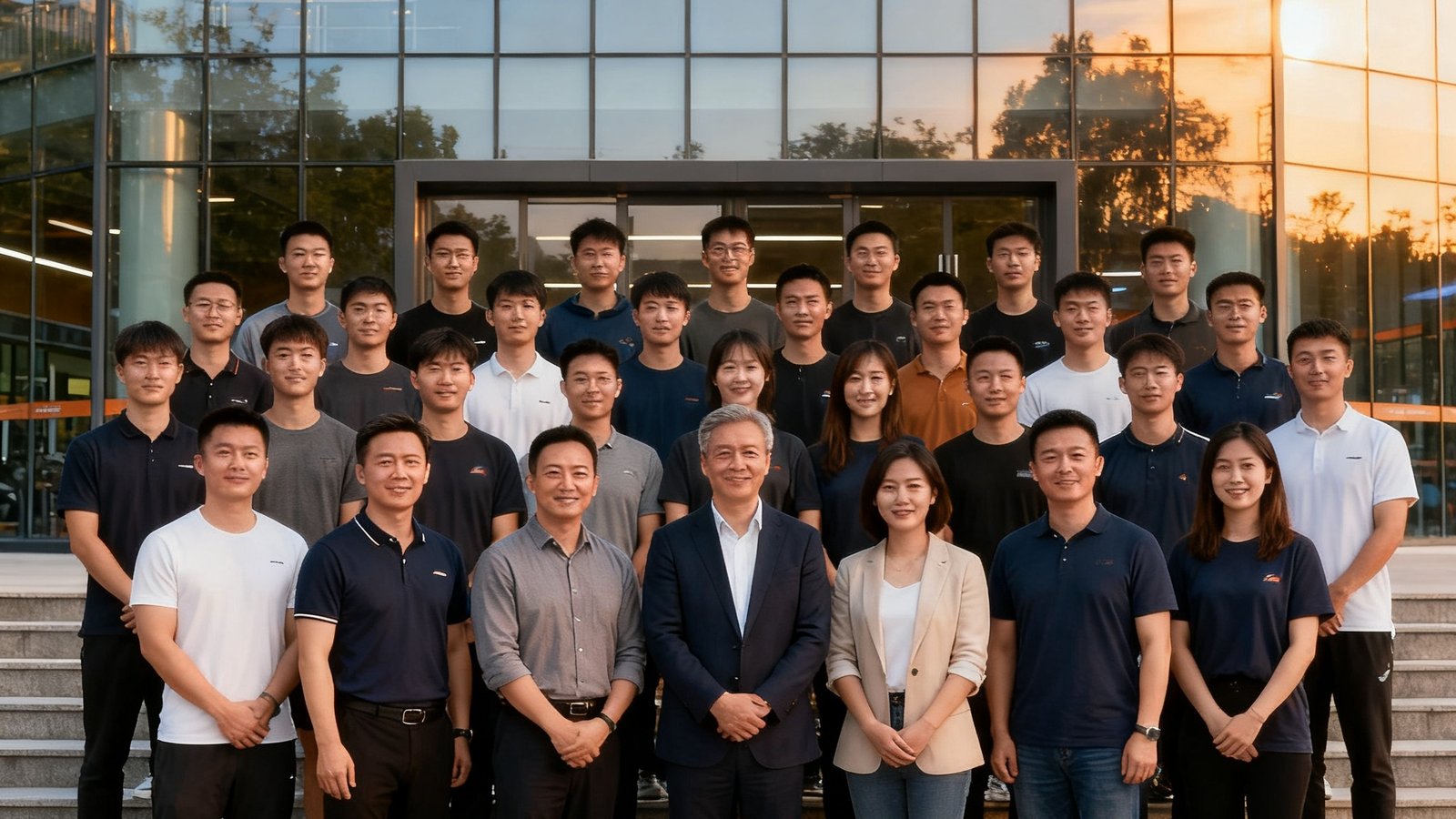 威廉体育全体成员约30人在社区体育中心门前台阶上合影，前排是创始团队五人，背景可见体育中心玻璃幕墙和品牌标识
