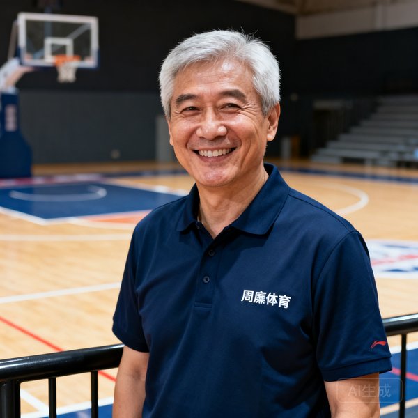 创始人周建国，50岁男性，短发花白，穿着深蓝色威廉体育 polo衫，面带微笑站在篮球场边